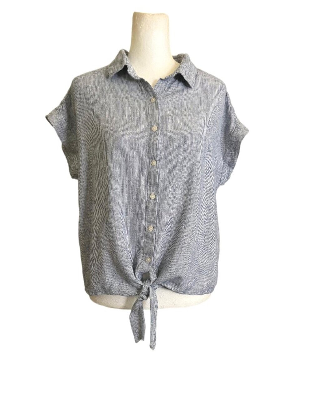 Weatherproof Blue Vintage Button Up Tie Front Washable Linen Top Size Medium - Picture 3 of 8